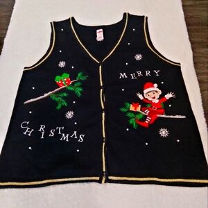 Holiday Time Merry Christmas elf present winter button up sweater vest Size XXL
